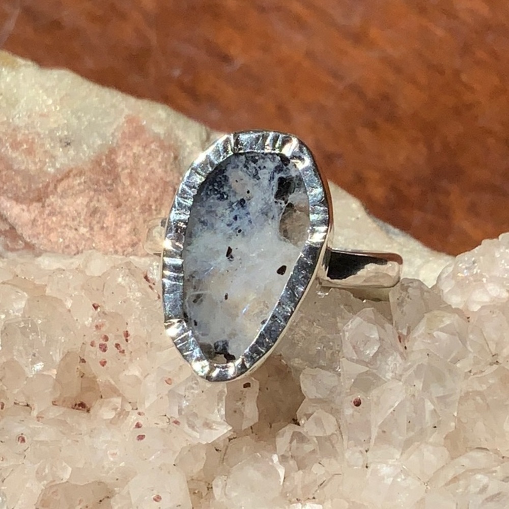 BLACK TOURMALINE IN RAINBOW MOONSTONE 925 STERLING SILVER RING, SIZE 7